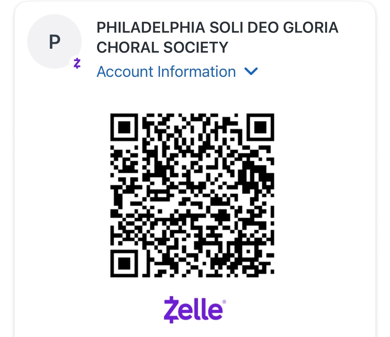 Zelle payment details for Philadelphia Soli Deo Gloria Choral Society